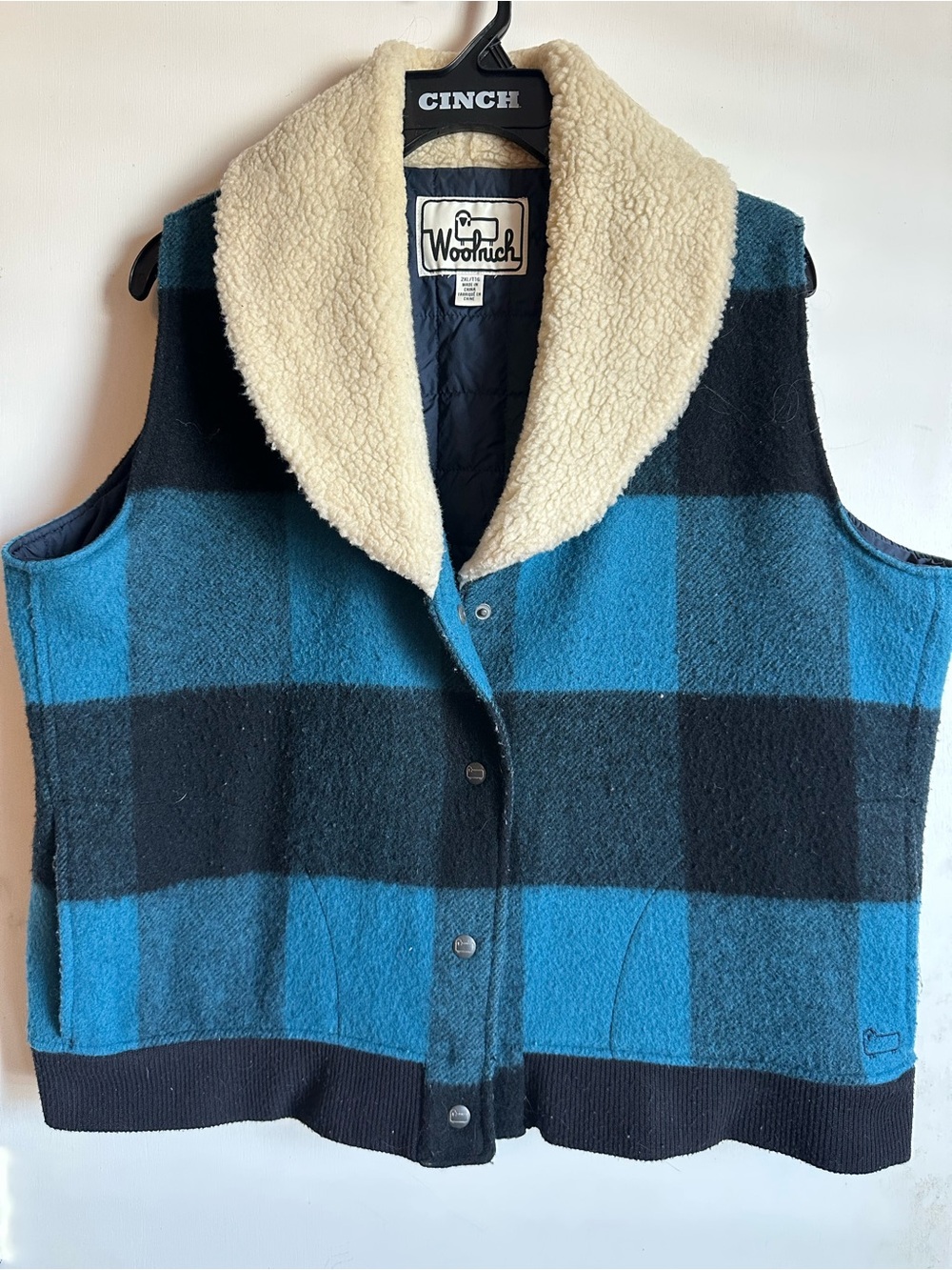 Woolrich Blue and Black Buffalo Plaid Sherpa-Collar Vest